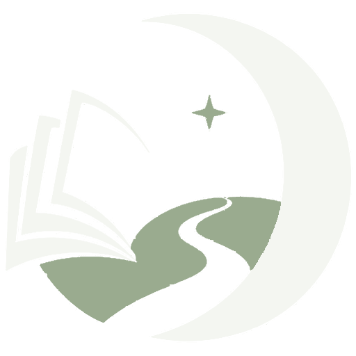 The Reader & Moon emblem &mdash; an open book, a path through the hills and a crescent moon